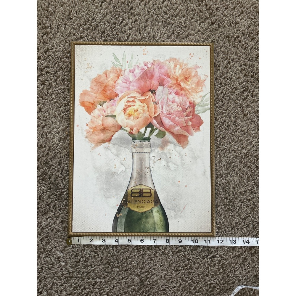Balenciaga Inspired Floral Champagne Bottle Wall Art Gold Frame Decor - Picture 3 of 5